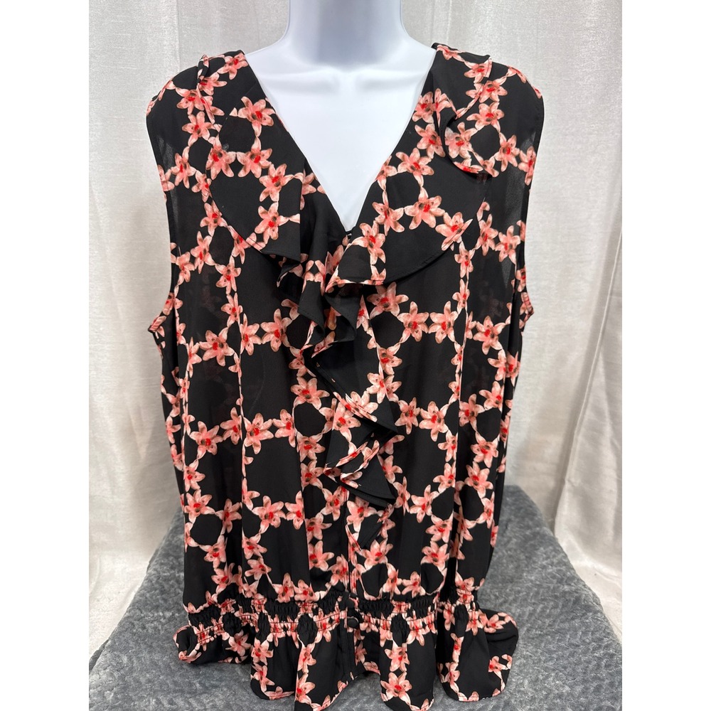 Karl Lagerfeld Paris Womens XL Black Pink Floral Ruffle Smocked Hem Blouse